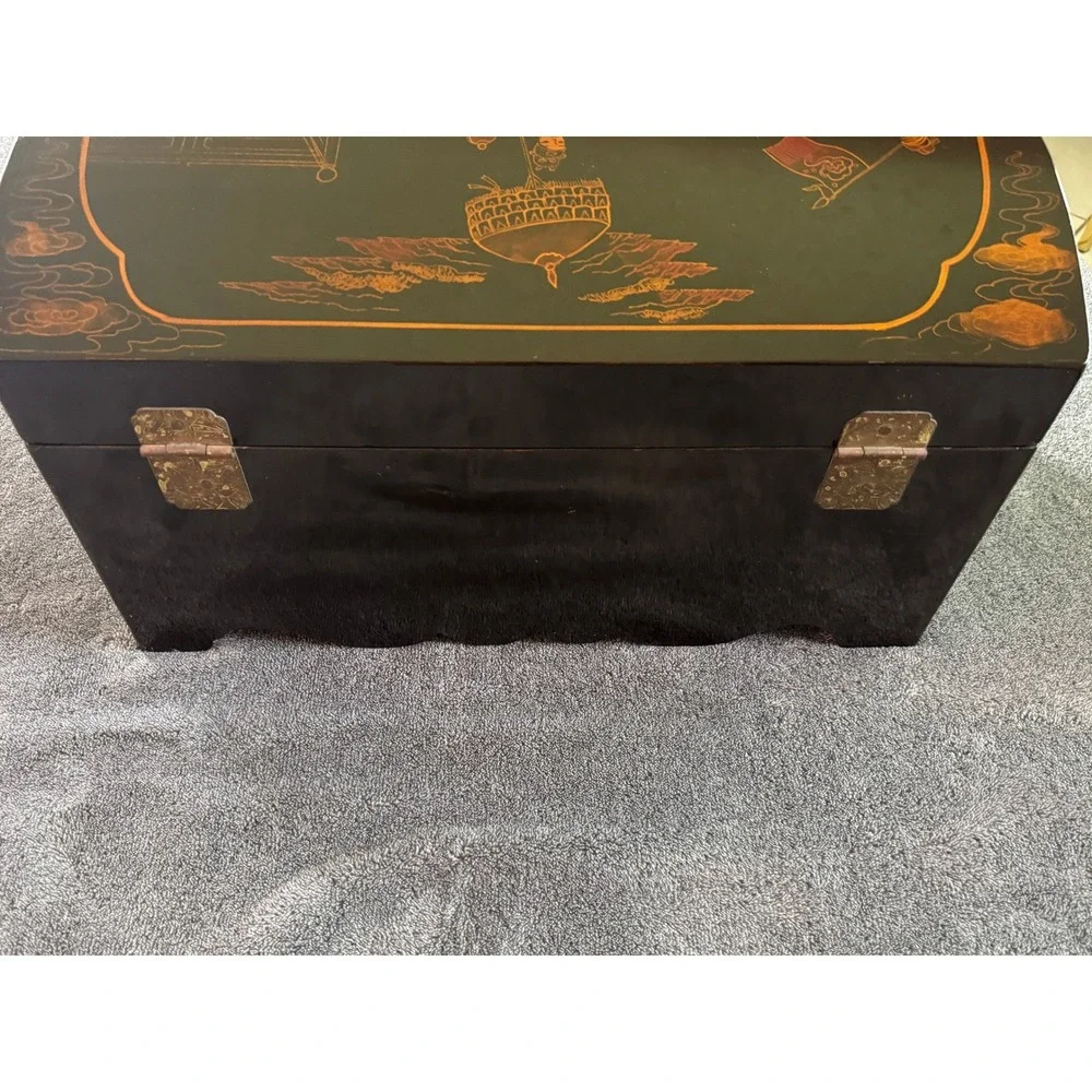 Vintage Chinese Lacquer Domed Trunk Black Gold Royal Procession Chest YC053A‎